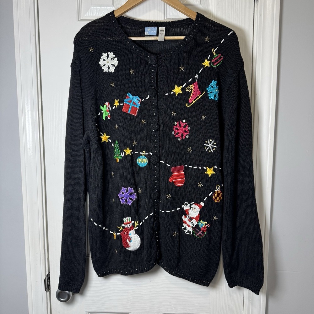 Holiday Editions Christmas Cardigan Sweater Black Santa Beads Size Large Ugly